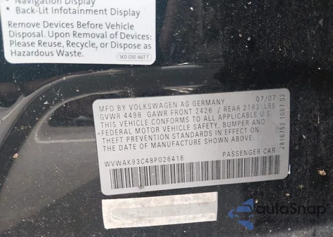 2008 Volkswagen Passat Komfort z USA, uszkodzony, nr VIN WVWAK93C48P026418